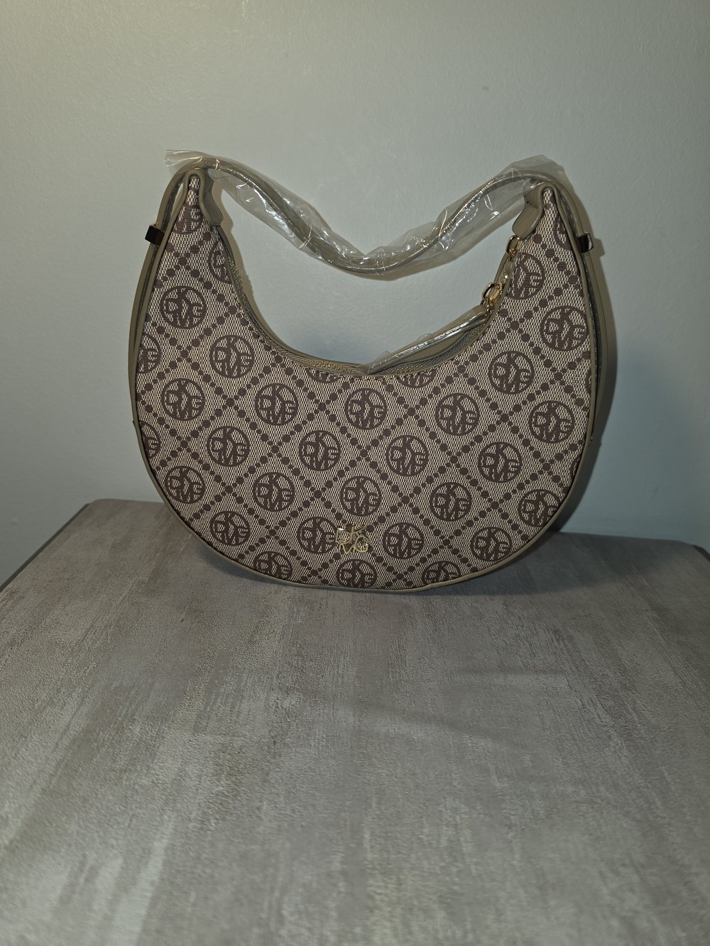 DKMG Monogram Crescent Shoulder Bag in Beige and Brown